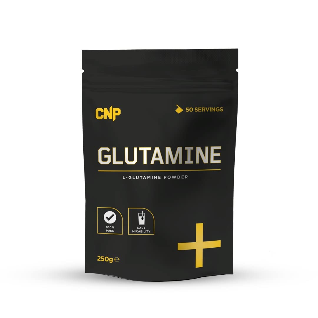 Black pouch of CNP Glutamine with pure L-glutamine monohydrate for muscle recovery