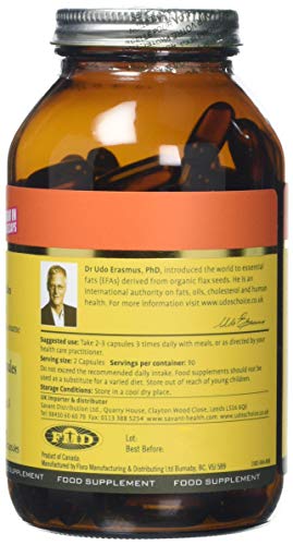 Amber glass bottle of Udo’s Choice Ultimate Oil Blend Caps with metal cap