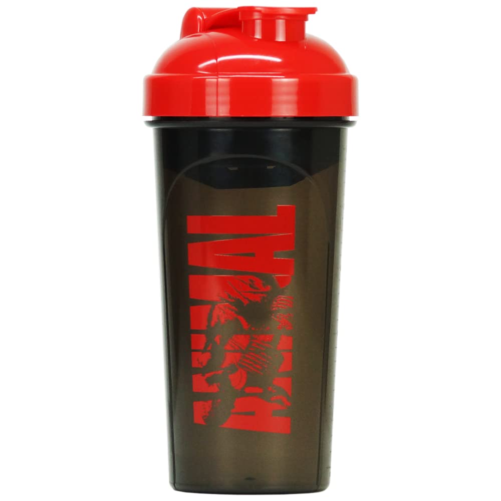 Black and red Animal Shaker bottle with flip-top lid, dishwasher safe built-in strainer