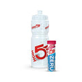 White plastic water bottle with a red 5 logo and pink blue effervescent tablets in high5 zero kit