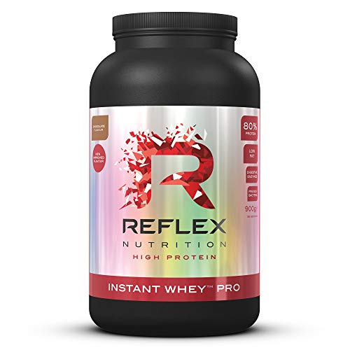 Black tub of Reflex Nutrition Instant Whey Pro protein powder for muscle gains