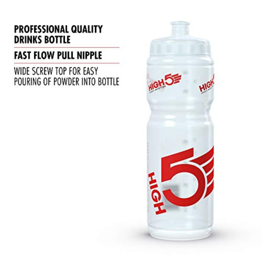 White high5 drinks bottle with red HIGH 5 branding, BPA-free plastic 750ml easy pouring water bottle