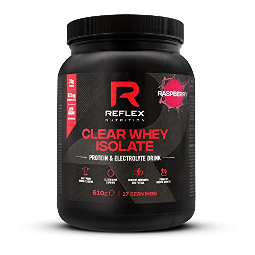 Black plastic tub of Reflex Nutrition Clear whey isolate raspberry drink mix