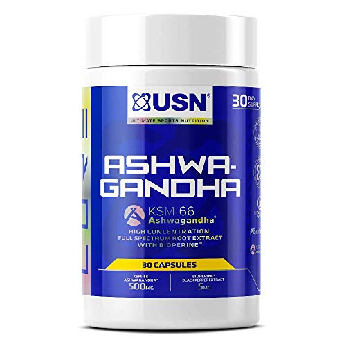 USN Ashwagandha supplement bottle with 30 capsules featuring root extract for wellness