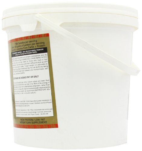 White NutriSport Weight Gain plastic bucket with whey protein isolate and nutritional label