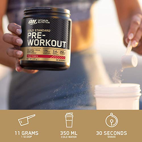 Black and gold Optimum Nutrition Gold Standard Pre-Workout tub for energy boost