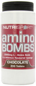 NutriSport Amino Bombs bottle with chocolate-flavored branched chain amino acid tablets for muscle growth