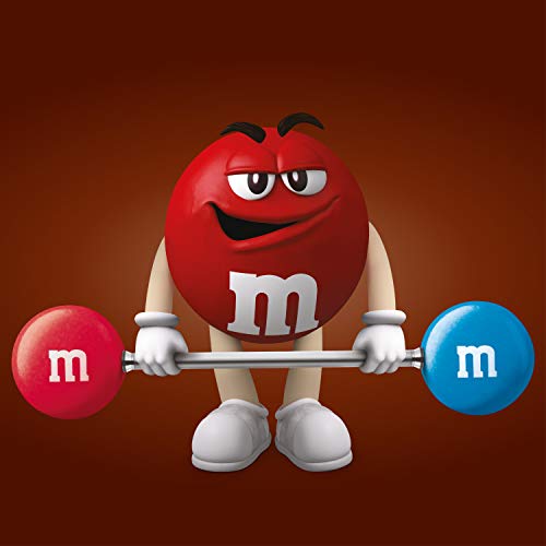 Red M&M character lifting a barbell with M&M-shaped weights for M&M Hi-Protein Bar