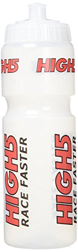 White BPA-free plastic HIGH5 Drinks Bottle with easy pouring design and red HIGH5 RACE FASTER branding