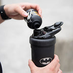 Black Smartshake Whey2Go Batman shaker with leak-proof compartments and mini supplement container