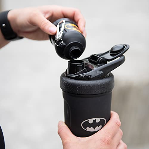 Black Smartshake Whey2Go Batman shaker with leak-proof compartments and mini supplement container
