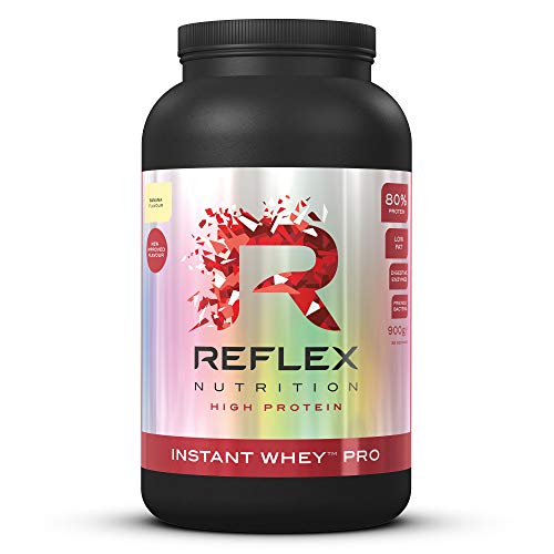 Black and silver Reflex Nutrition Instant Whey Pro protein powder container
