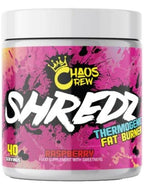 Raspberry flavored Chaos Crew Shredz fat burner powder for improved hydration and muscle pumps