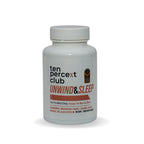 White bottle of Unwind & Sleep capsules with a brown label for restorative sleep and adaptogenic mushrooms