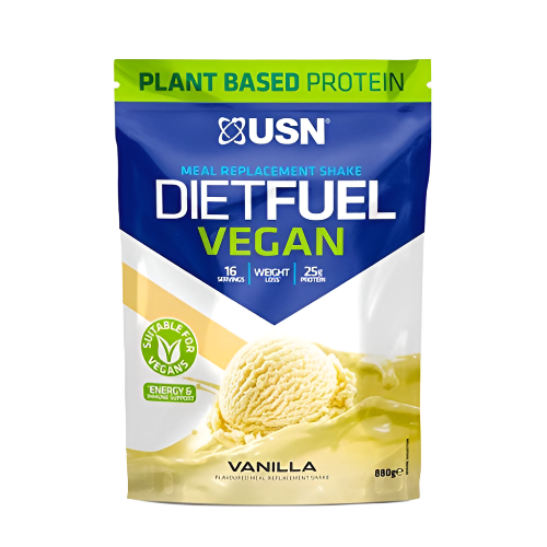 USN Diet Fuel Vegan vanilla plant-based protein shake pouch for meal replacement