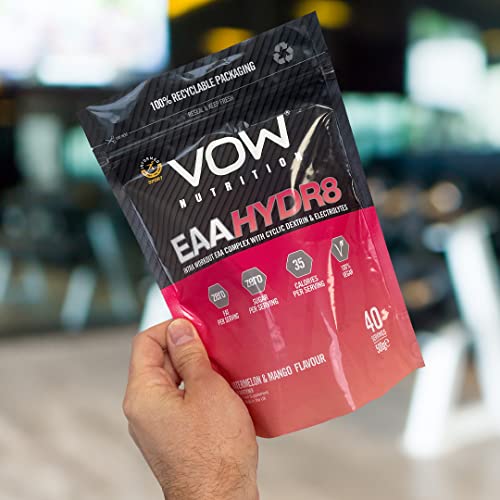 Pink and black Vow Nutrition Hydr8 EAA Hydr8 pouch with watermelon and mango flavor for support training