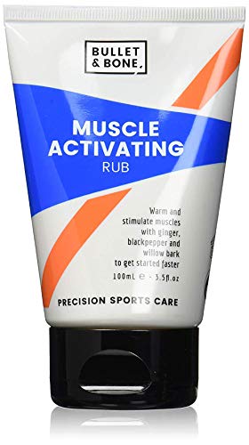 White tube of Bullet & Bone Muscle Activating Rub with black flip-top cap for powerful warming