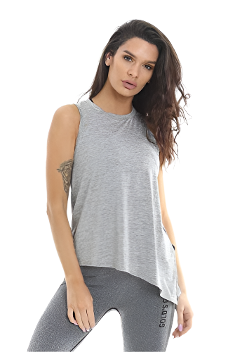 Golds Gym ladies angled vest shown on woman in light grey top and dark grey leggings