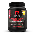 Black tub of Reflex Nutrition Clear Whey Isolate with mango flavor, high quality clear whey