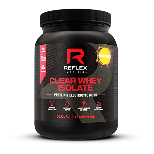 Black tub of Reflex Nutrition Clear Whey Isolate with mango flavor, high quality clear whey