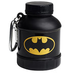 Black Batman-themed Smartshake Whey2Go Funnel with leak-proof compartments and carabiner clip