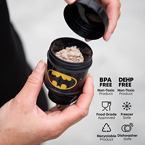 Black Smartshake Whey2Go Batman with leak-proof compartments and open funnel design