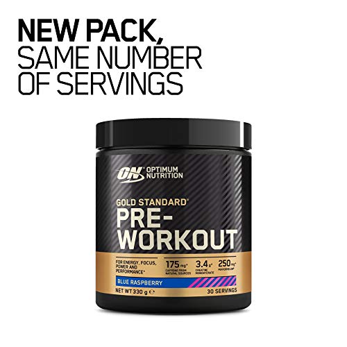 Black tub of Optimum Nutrition Gold Standard Pre-Workout Blue Raspberry flavor 30 servings