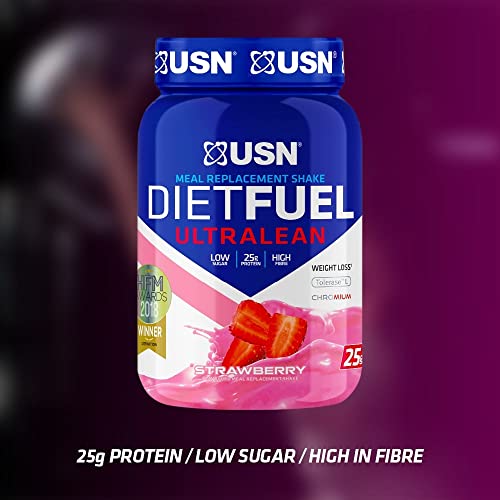 Strawberry-flavored USN Diet Fuel Vegan meal replacement shake in a blue tub