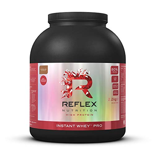Black plastic tub of Reflex Nutrition Instant Whey Pro chocolate flavor protein powder