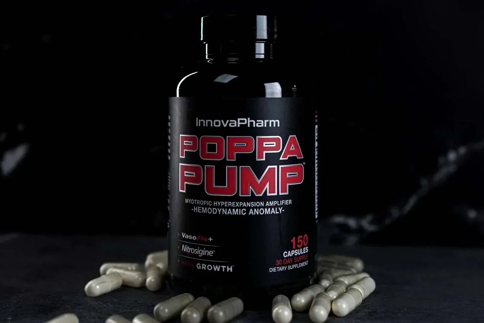 Black bottle of Innovapharm Poppa Pump capsules for muscle pumps and performance