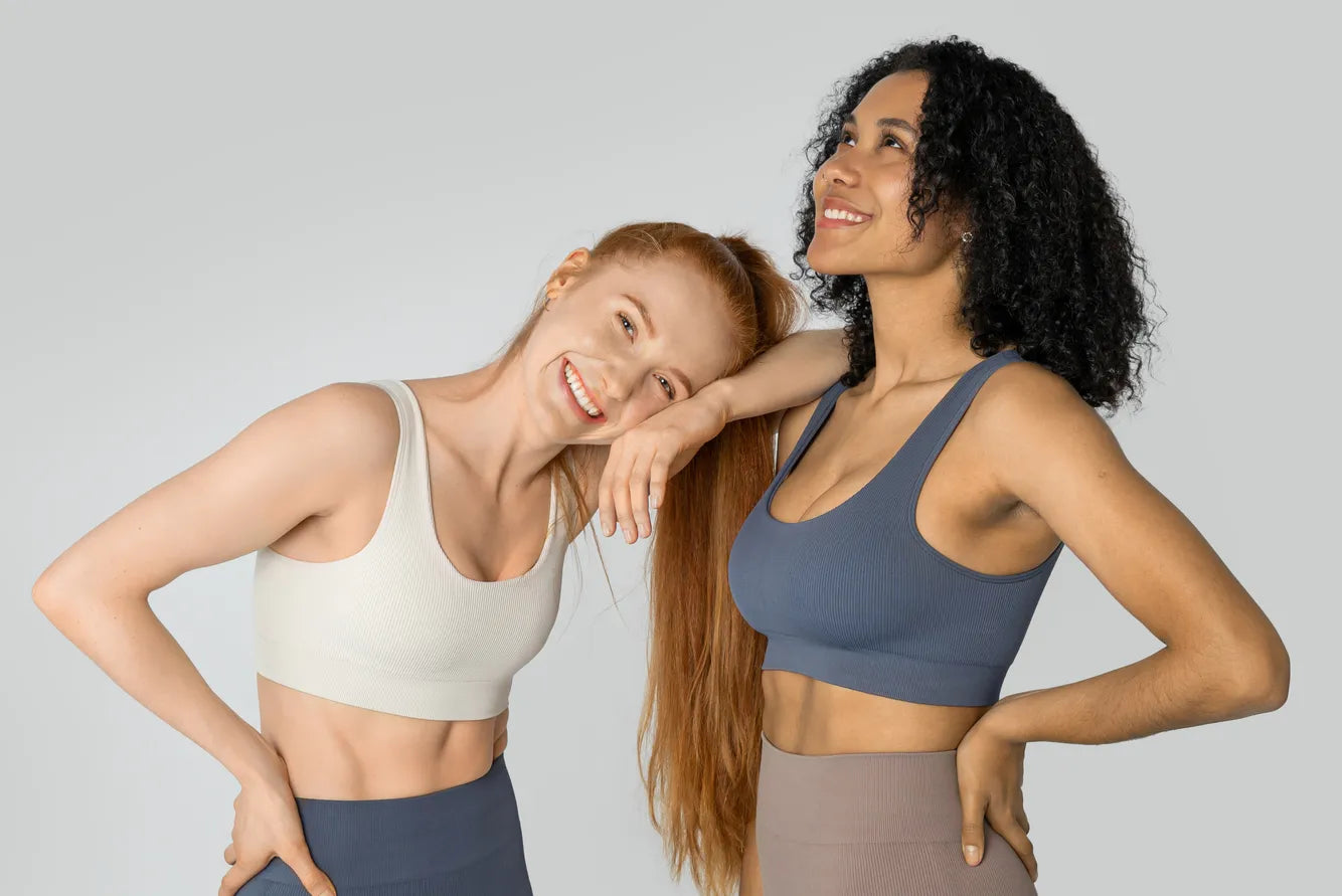 Two women in sports bras and leggings promoting Vilgain Grass-Fed Collagen Peptides for healthy skin and hair