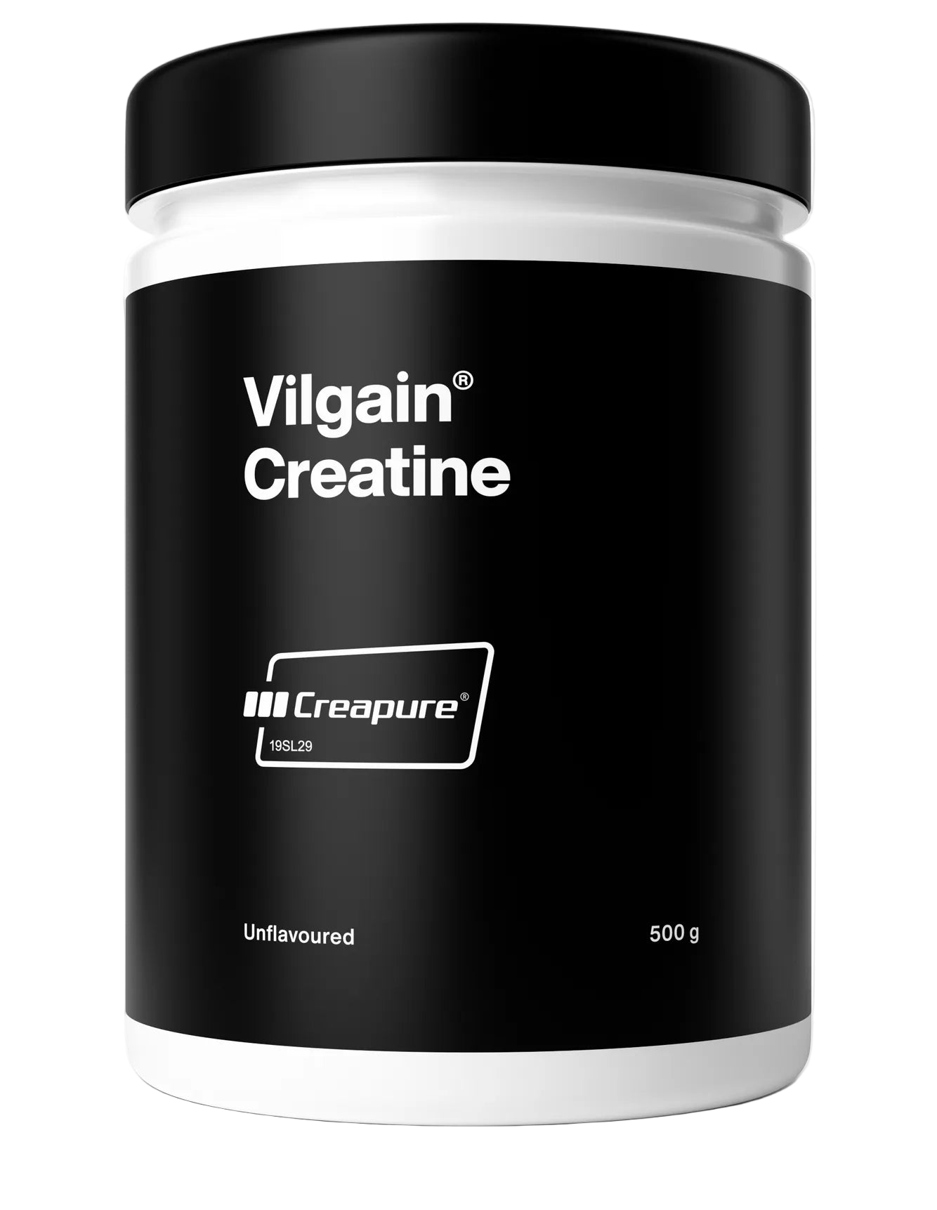 Black and white container of Vilgain Creatine Creapure powder for muscle boost