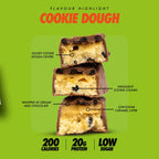 Cross-section of Per4m Protein Bar with cookie dough, chocolate, and caramel layers