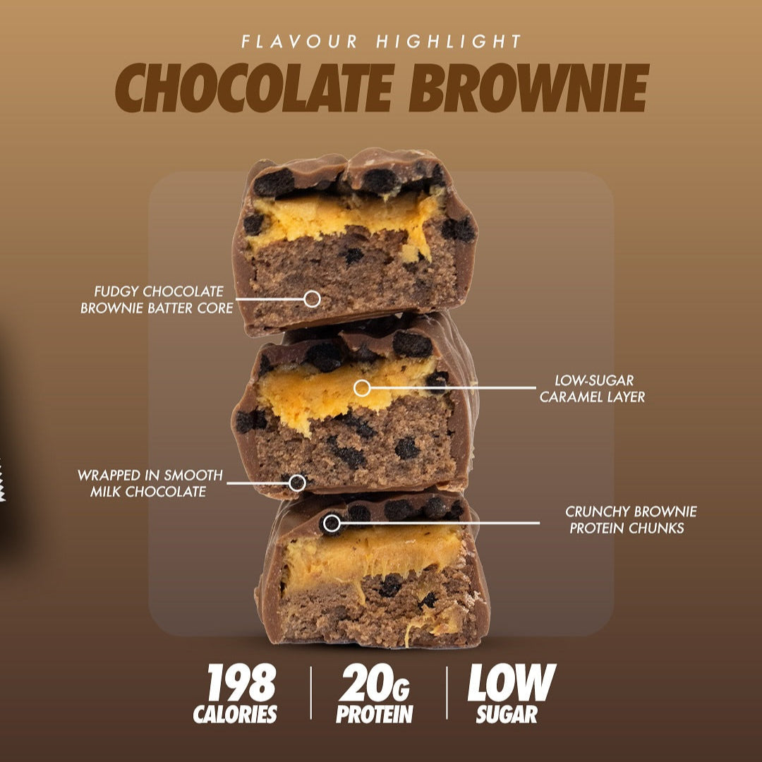 Per4m Protein Bar with chocolate brownie, caramel layer, and protein chunks