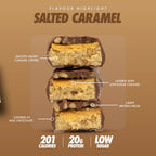 Stack of three cross-sectioned salted caramel Per4m Protein Bars showing delicious Per4m protein