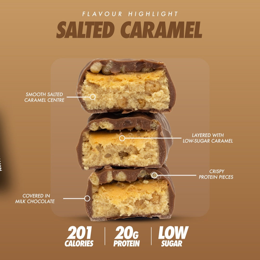 Stack of three cross-sectioned salted caramel Per4m Protein Bars showing delicious Per4m protein