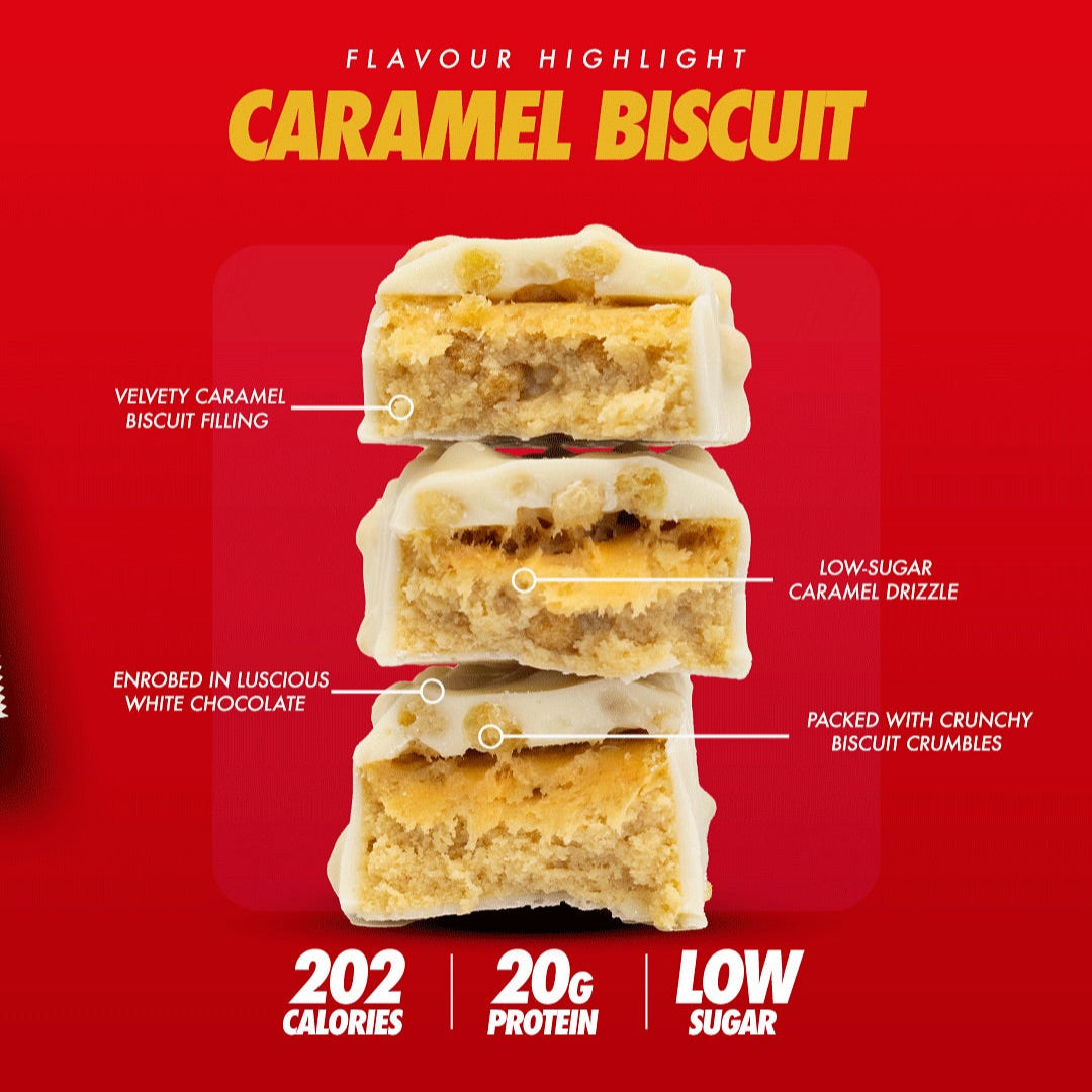 Stack of Per4m Protein Bar with white chocolate-coated caramel biscuits