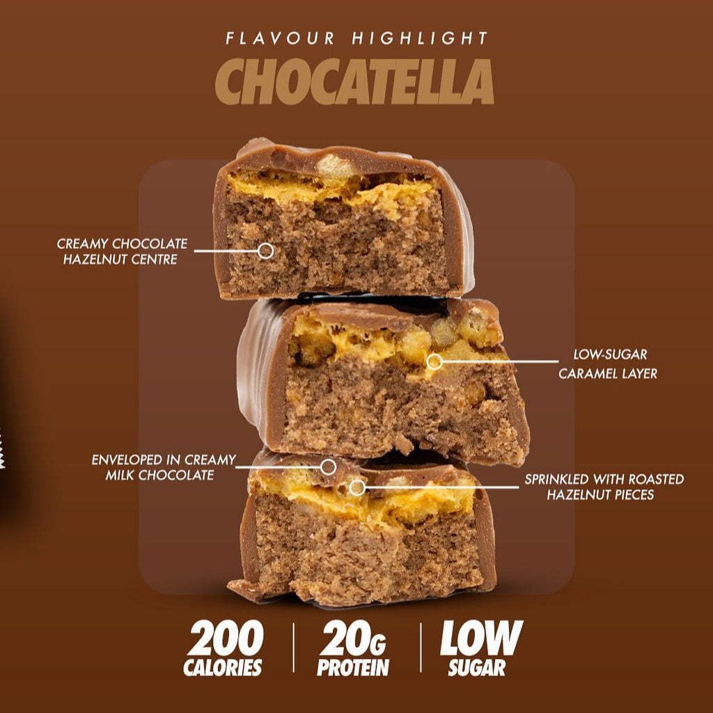 Cross-section of Per4m Protein Bar with chocolate hazelnut center, caramel, and roasted hazelnuts