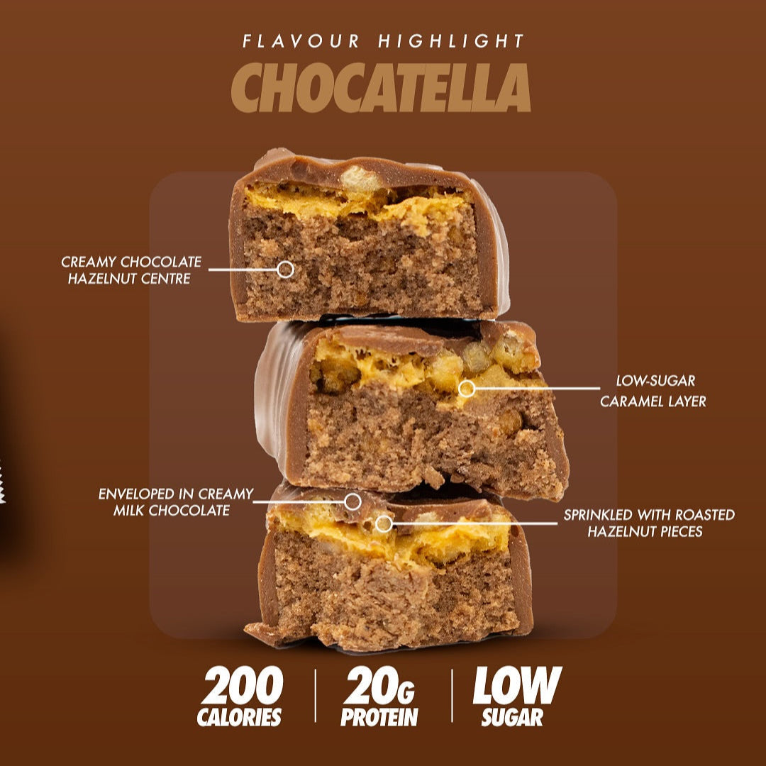 Cross-section of Per4m Protein Bar with chocolate hazelnut center, caramel, and roasted hazelnuts