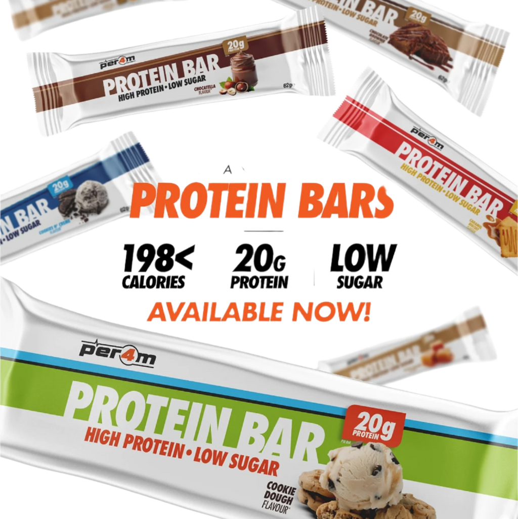 Assorted high-protein, low-sugar Per4m Protein Bar flavors for healthy snacking