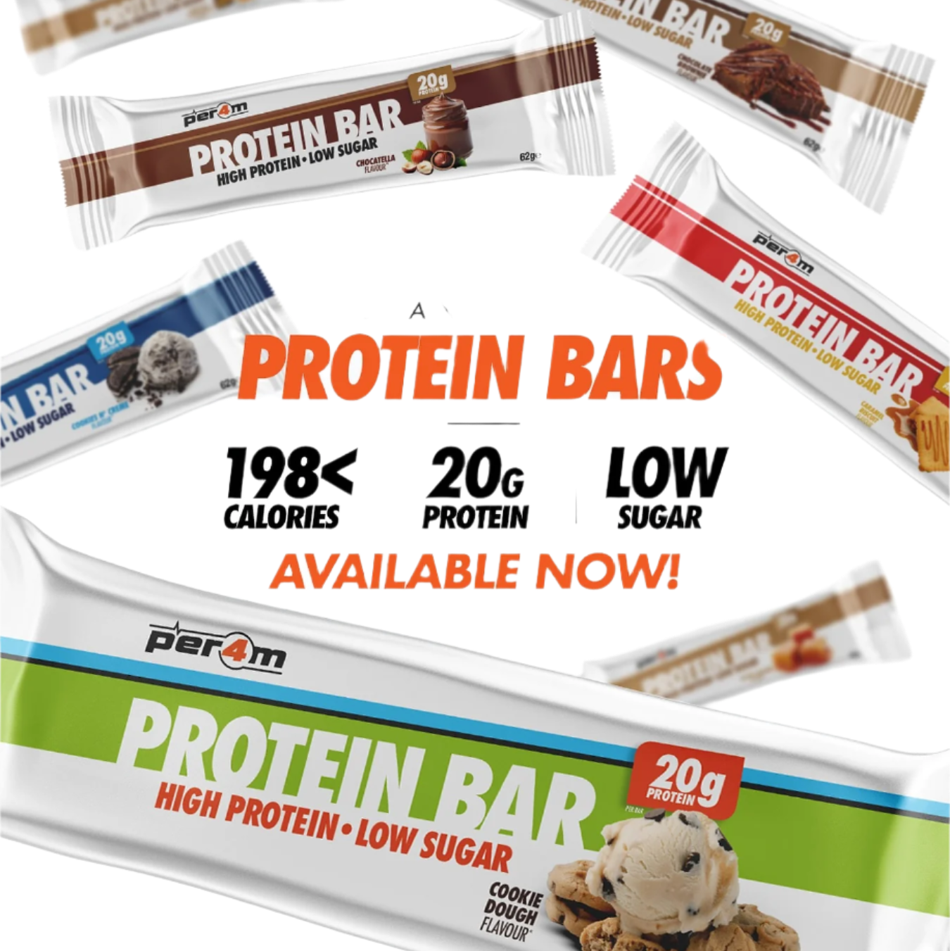 Assorted high-protein, low-sugar Per4m Protein Bar flavors for healthy snacking