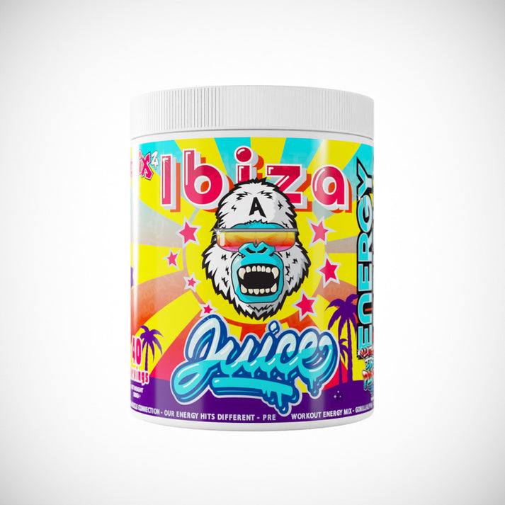 Gorillalpha Ibiza Juice Remix pre-workout with stylized gorilla in sunglasses