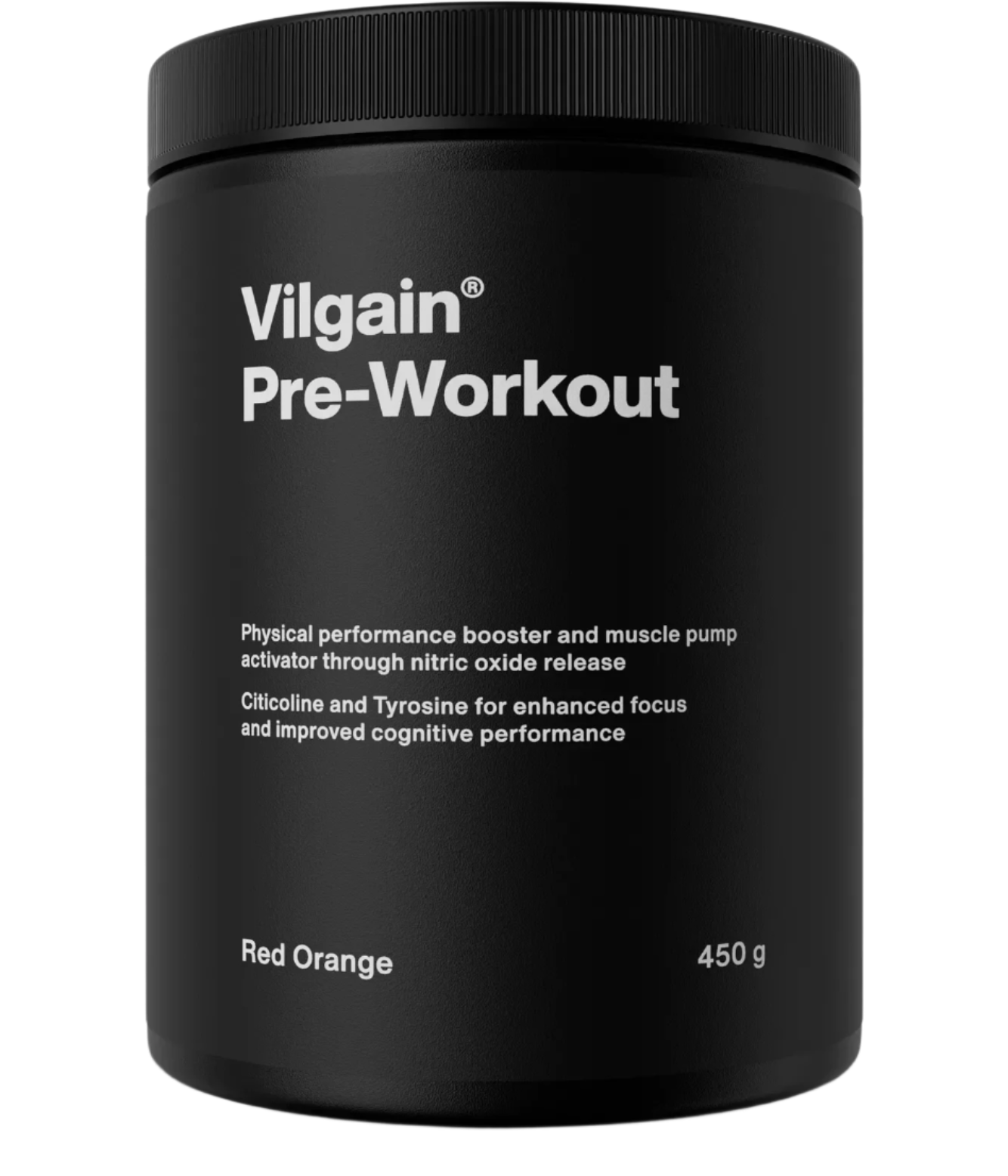 Black Vilgain Pre-Workout 2.0 tub with screw-on lid for energizing workouts