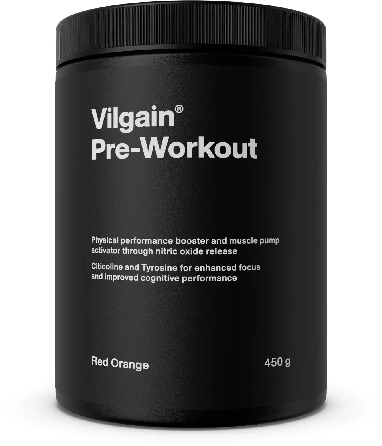 Black Vilgain Pre-Workout 2.0 container with Red Orange flavor, 450 g for energy