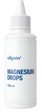 White plastic bottle with dropper top showing Vilgain Magnesium Drops for muscle performance