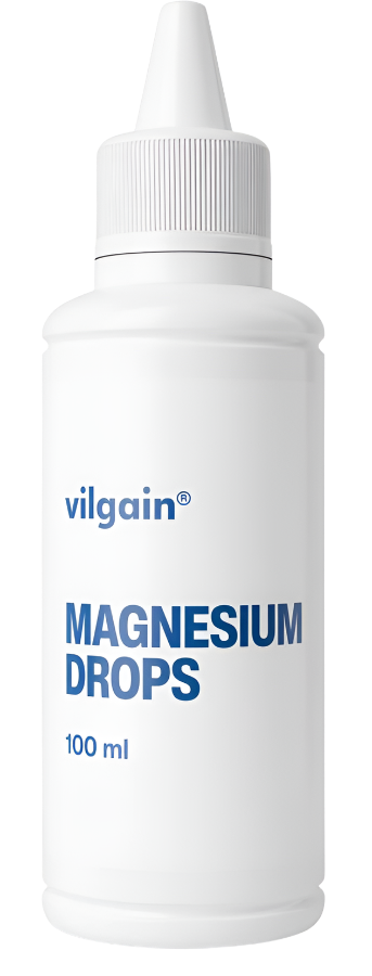 White plastic bottle with dropper top showing Vilgain Magnesium Drops for muscle performance