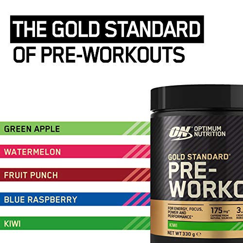 Optimum Nutrition Gold Standard Pre-Workout container with kiwi flavor and other options