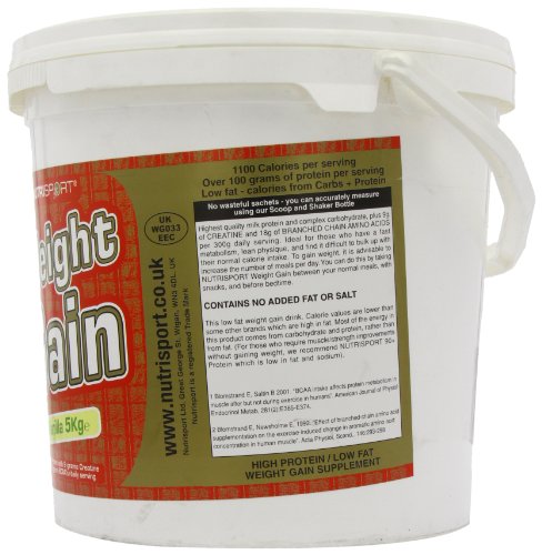 White plastic tub of NutriSport Weight Gain with gain mass catalyst and whey protein isolate