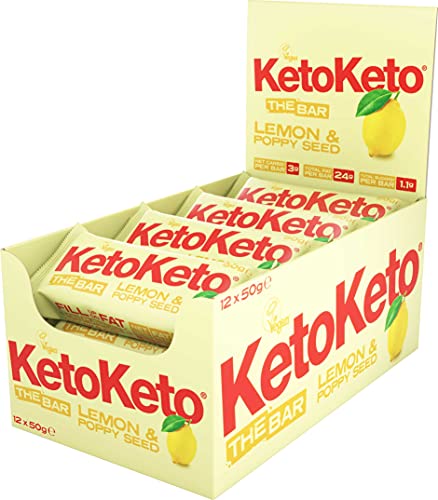 KetoKeto Bar Lemon and Poppy Seed display box with blood sugar-friendly ingredients