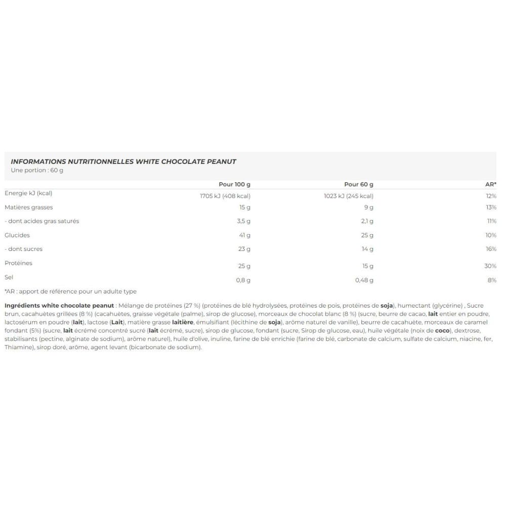 Nutritional info label for Snickers Hi Protein Cookie with white chocolate peanut and chocolate chips